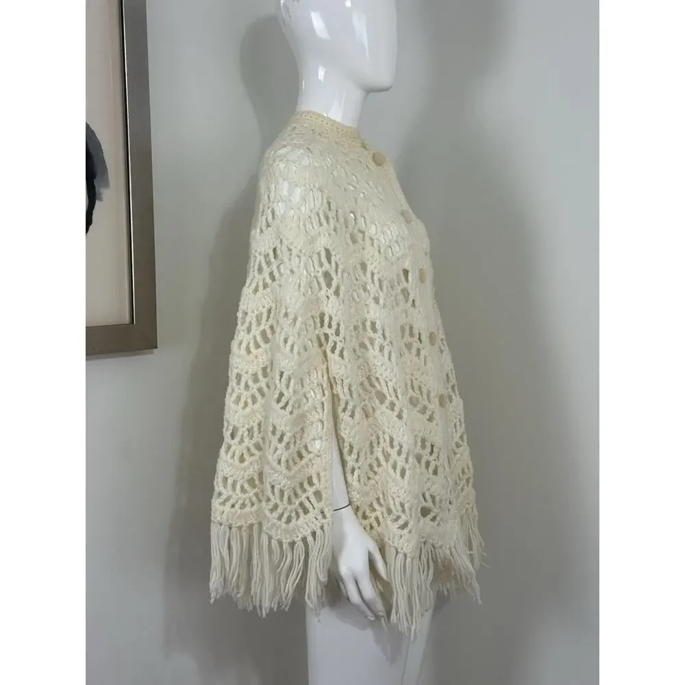 Handmade Crocheted Shawl Sweater Wrap Cape Coverup Ivory Cream Fringe Boho OS